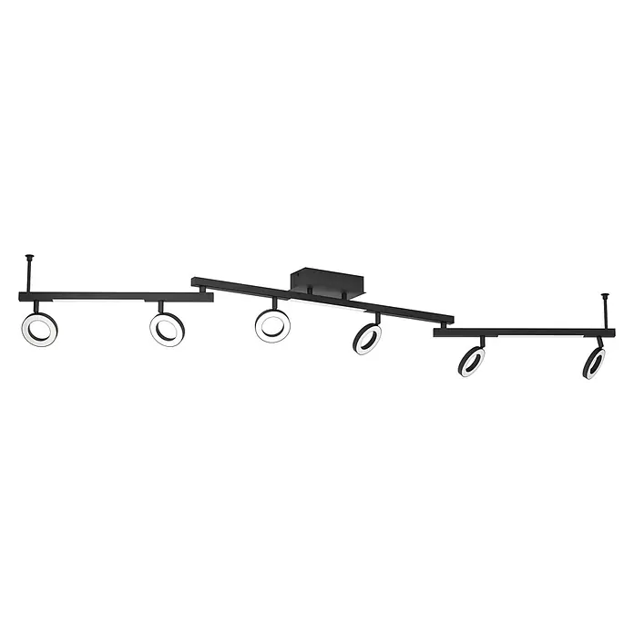Eglo Cardillio 2 LED-Deckenstrahler - 29,1 W, L x B x H: 158,5 x 8,5 x 17,5 cm, Schwarz, Warmweiß, 9 Stk. - Drei schwarze LED-Deckenleuchten mit runden Strahlern und minimalistischem Design für moderne Innenräume.