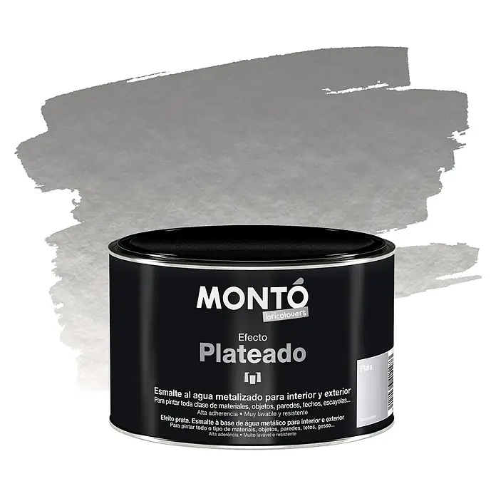 Montó Bricolovers Esmalte de color acrílico metalizado - Plateado, Satinado, 375 ml - Imagen del producto de una lata de pintura con efecto metálico Montó en plata, ideal para interiores y exteriores.