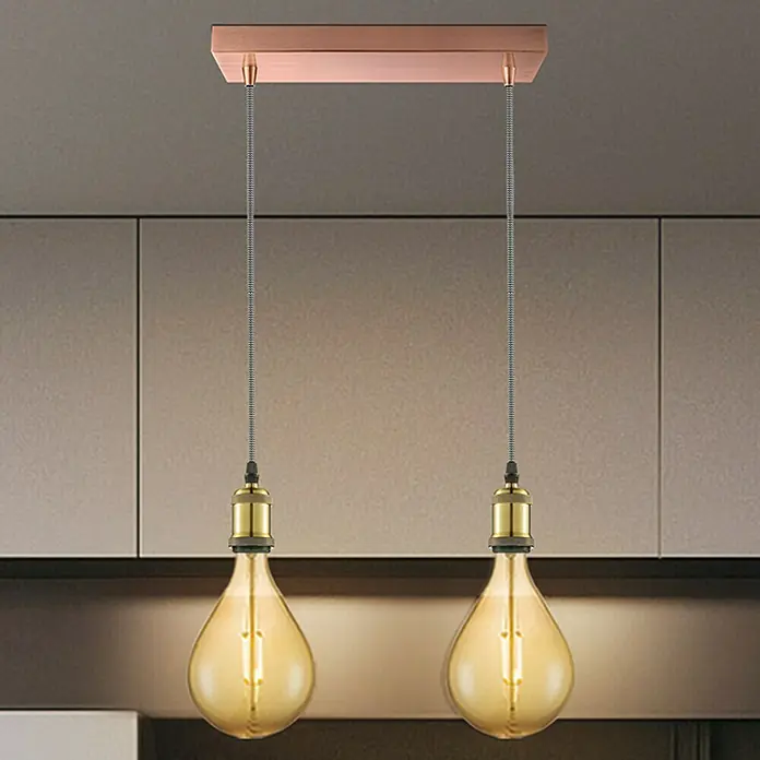 Home Sweet Home Lampenbaldachin - 2-fach, Kupfer, 9,5 x 30 cm - Pendelleuchte mit zwei Edison-Glühbirnen und einem rechteckigen, kupferfarbenen Baldachin für einen modernen Touch über der Küchentheke.