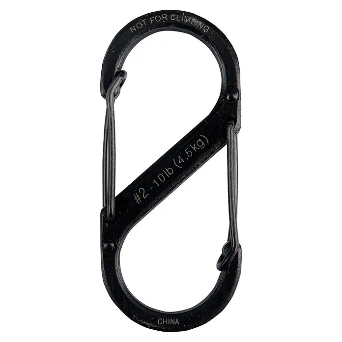 Nite Ize Mosquetón doble - 50 x 22 mm, Acero inoxidable, Negro, Carga soportada: 4,5 kg - Mosquetón negro, no apto para escalar, con una capacidad de carga de 4,5 kg, ideal para fijaciones ligeras y organización.