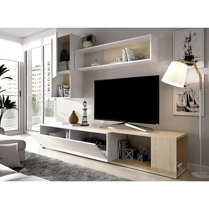 Dekit Conjunto mueble de salón Obi - Blanco brillo/Natural, 3 pzs. - Diseño moderno de sala de estar con muebles de TV blancos y de aspecto de madera, iluminación elegante y decoración para un ambiente acogedor.