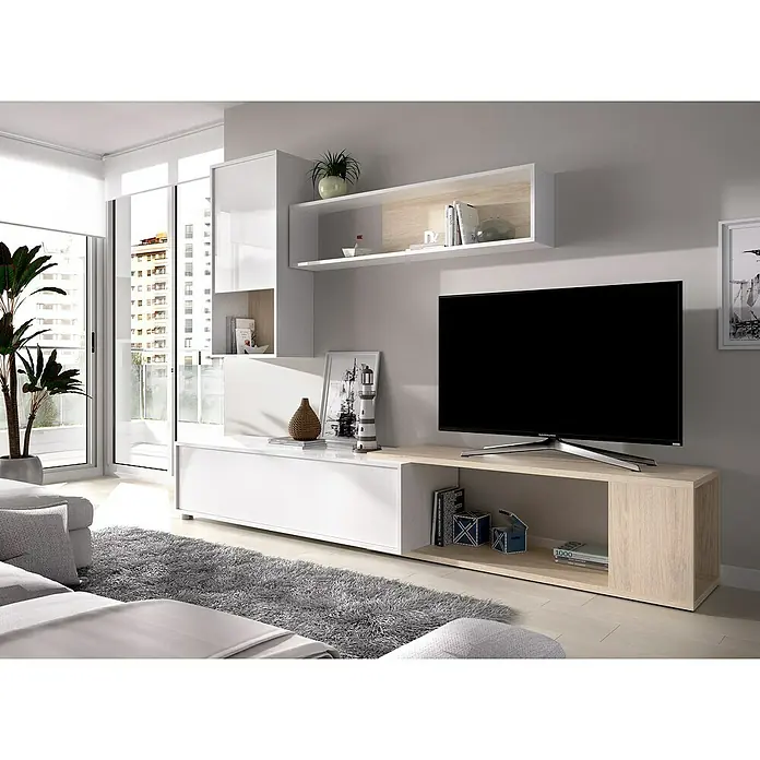 Dekit Conjunto mueble de salón Obi - Blanco brillo/Natural, 3 pzs. - Salón con un centro de entretenimiento moderno en blanco y madera, incluyendo TV, estanterías y decoración para un ambiente elegante.