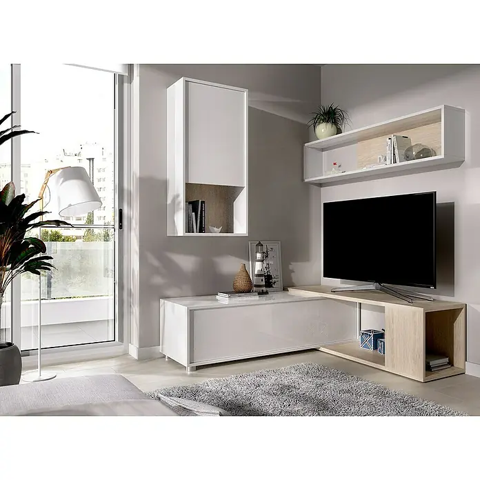 Dekit Conjunto mueble de salón Obi - Blanco brillo/Natural, 3 pzs. - Diseño moderno de salón con mueble de pared blanco, mueble de TV y estantería decorativa. El diseño elegante crea un ambiente sofisticado.