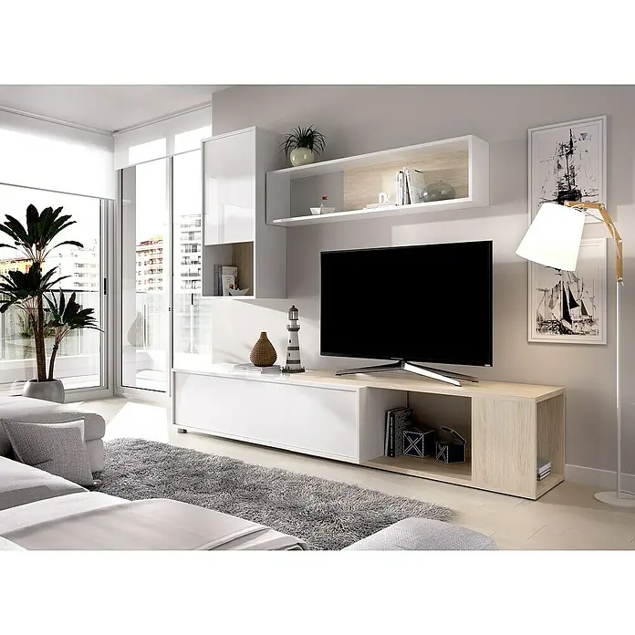 Dekit Conjunto mueble de salón Obi - Blanco brillo/Natural, 3 pzs. - Centro de entretenimiento para sala de estar con gabinete blanco, estantes y soporte para TV. Diseño elegante y moderno.