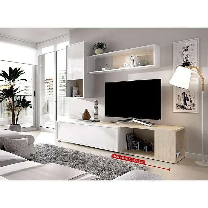 Dekit Conjunto mueble de salón Obi - Blanco brillo/Natural, 3 pzs. - Diseño moderno de salón con mueble de TV ajustable blanco y aspecto de madera, estanterías y lámpara de pie.