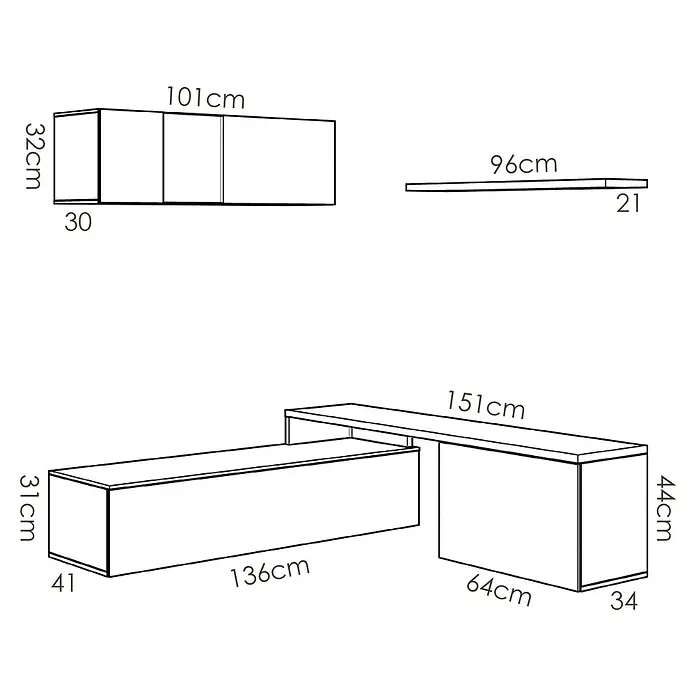 Dekit Conjunto mueble de salón Elle - Blanco brillo/Natural, 3 pzs. - Una ilustración esquemática de un mueble de pared moderno con dimensiones indicadas en el dibujo. El mueble incluye armarios de pared y estantes.