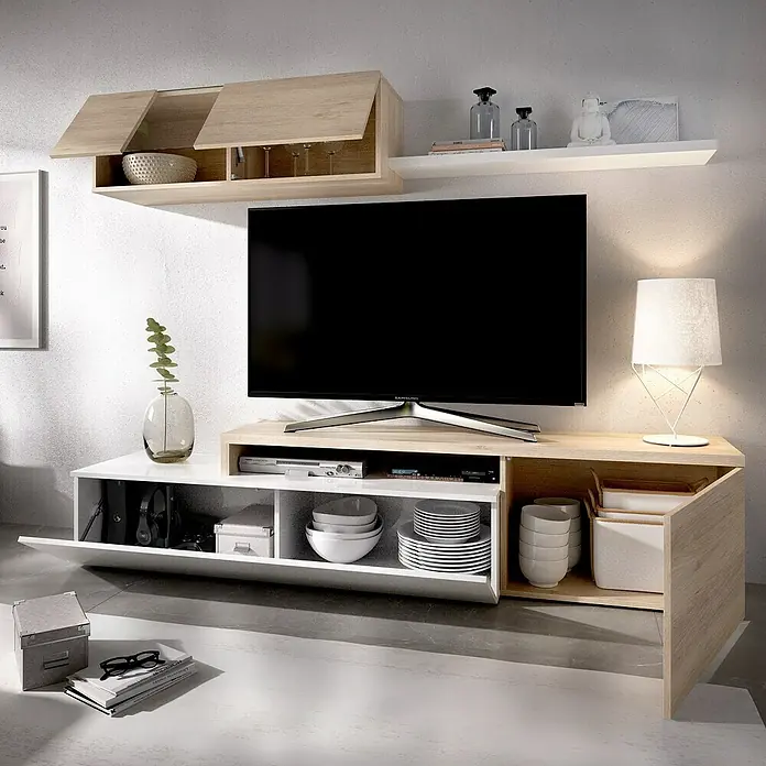 Dekit Conjunto mueble de salón Elle - Blanco brillo/Natural, 3 pzs. - Mueble de TV para sala de estar con elementos blancos y color madera, con almacenamiento abierto y cerrado.
