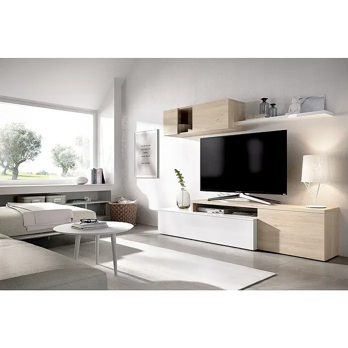 Dekit Conjunto mueble de salón Elle - Blanco brillo/Natural, 3 pzs. - Salón luminoso con un moderno mueble de TV y una mesa de centro blanca. El mueble de TV ofrece espacio de almacenamiento y destaca en la estancia.