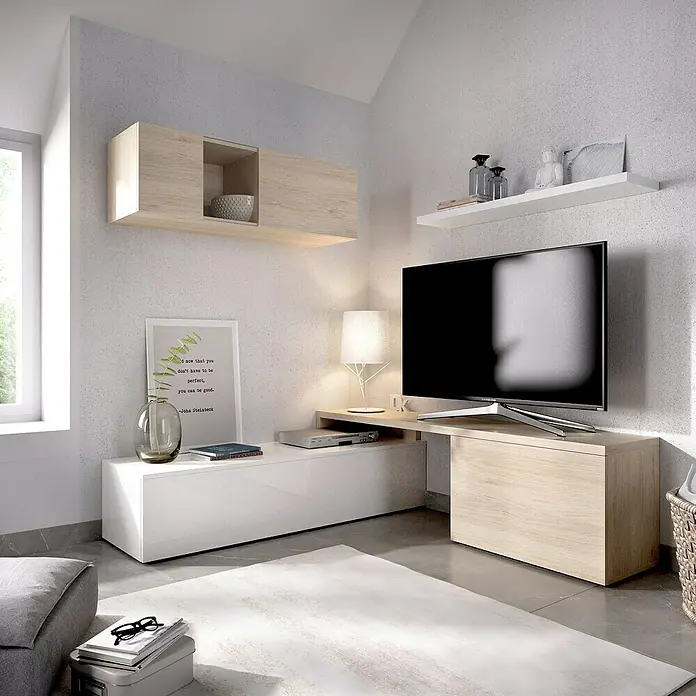 Dekit Conjunto mueble de salón Elle - Blanco brillo/Natural, 3 pzs. - Un salón moderno con un elegante mueble de TV en aspecto de madera y blanco, una vitrina flotante y una estantería minimalista.