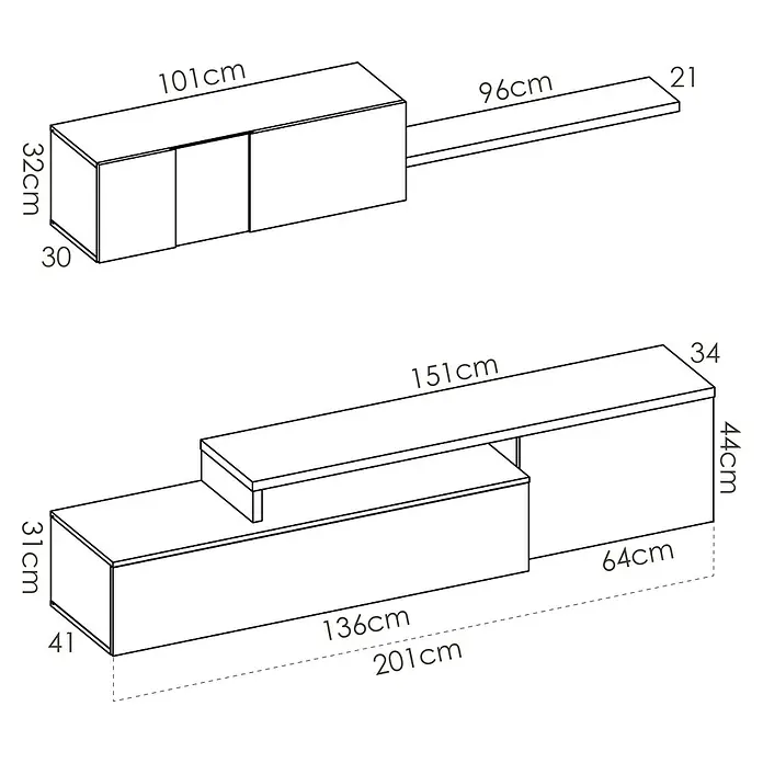 Dekit Conjunto mueble de salón Elle - Blanco brillo/Natural, 3 pzs. - Ilustración de un elegante conjunto de muebles de TV con dimensiones detalladas, ideal para un salón moderno.