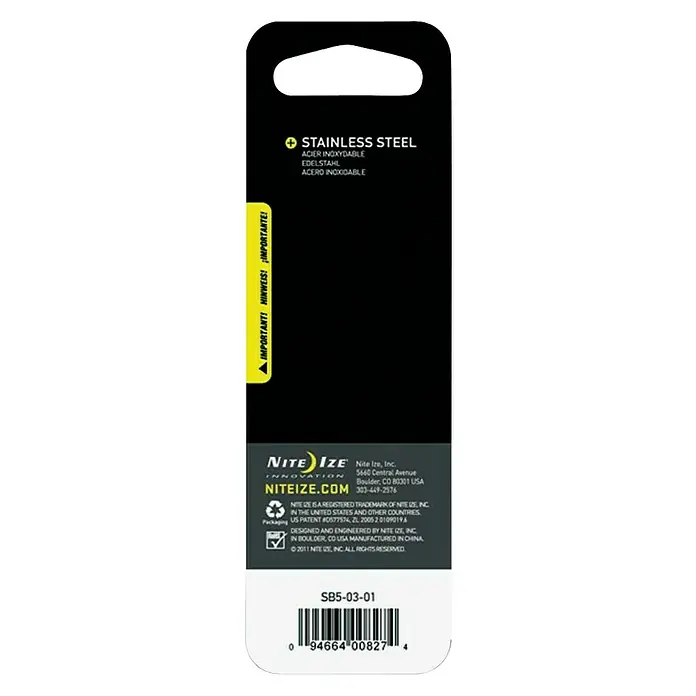 Nite Ize Mosquetón doble - 111 x 49 mm, Acero inoxidable, Negro, Carga soportada: 45 kg - Embalaje de un producto de acero inoxidable de Nite Ize.