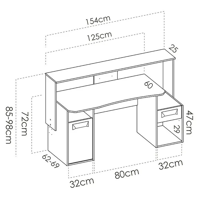 Dekit Mesa de escritorio Fosk - L x An x Al: 69 x 154 x 98 cm, Grafito - Dimensiones del escritorio esquinero con estantería para facilitar la planificación del espacio. Ofrece una amplia superficie.