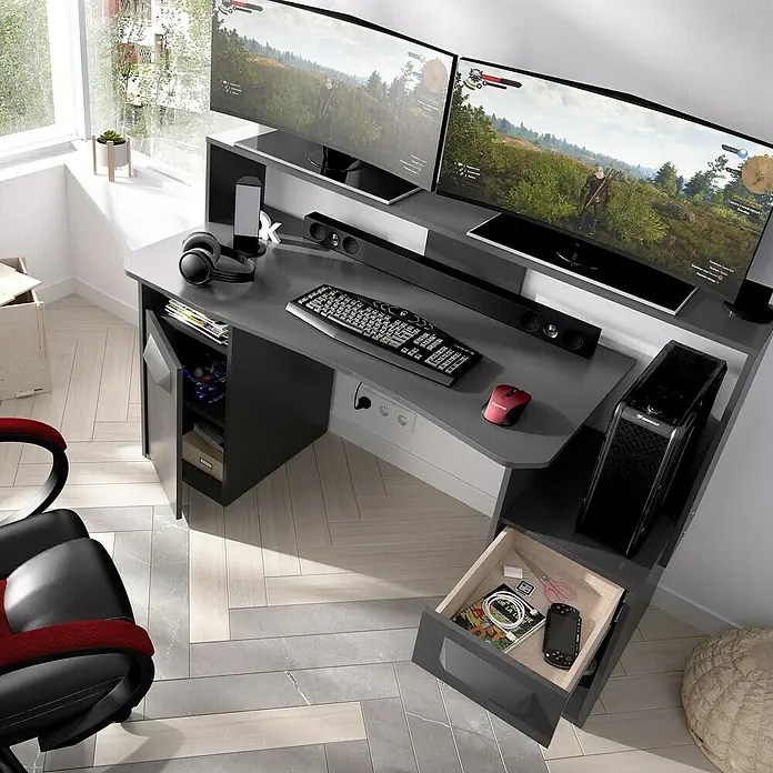 Dekit Mesa de escritorio Fosk - L x An x Al: 69 x 154 x 98 cm, Grafito - Un moderno escritorio para juegos con monitores duales, teclado, ratón, altavoces y carcasa de PC para una experiencia inmersiva.