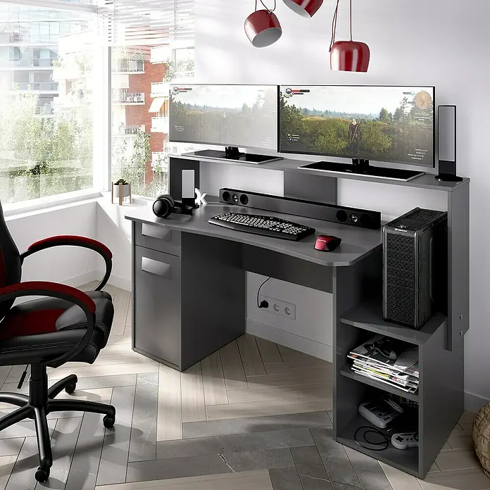 Dekit Mesa de escritorio Fosk - L x An x Al: 69 x 154 x 98 cm, Grafito - Escritorio gaming moderno gris con monitores duales, teclado, ratón y torre de PC. Ideal para gamers.