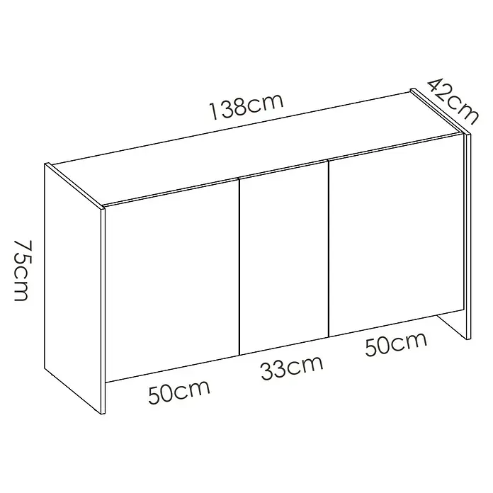 Dekit Aparador Kloe - L x An x Al: 42 x 138 x 76 cm, Blanco/Natural, Número de puertas: 3 ud. - Ilustración de un aparador en vista isométrica con dimensiones de longitud, altura y profundidad.