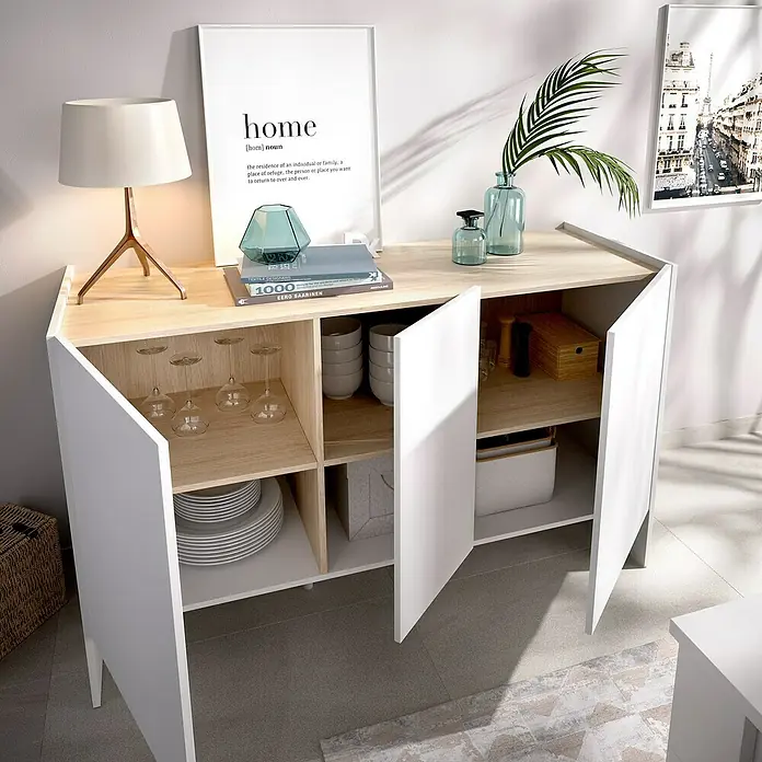 Dekit Aparador Kloe - L x An x Al: 42 x 138 x 76 cm, Blanco/Natural, Número de puertas: 3 ud. - Un aparador con espacio de almacenamiento abierto y cerrado, ideal para el comedor o la sala de estar.