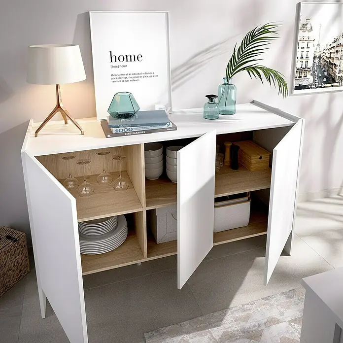 Dekit Aparador Kloe - L x An x Al: 42 x 138 x 76 cm, Blanco/Natural, Número de puertas: 3 ud. - Aparador moderno en blanco y aspecto de madera con puertas abiertas, perfecto para un almacenamiento elegante en la sala de estar.