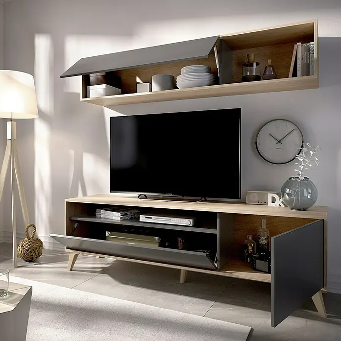 Dekit Conjunto mueble de salón Bonn - Natural/Grafito, 2 pzs. - Moderno mueble de TV gris y color madera con estantes para salón, que ofrece un elegante espacio de almacenamiento.