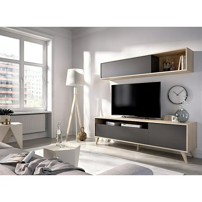 Dekit Conjunto mueble de salón Bonn - Natural/Grafito, 2 pzs. - Moderno salón con mueble de TV en madera clara y gris, televisor y estante de pared. Diseño elegante para un ambiente sofisticado.