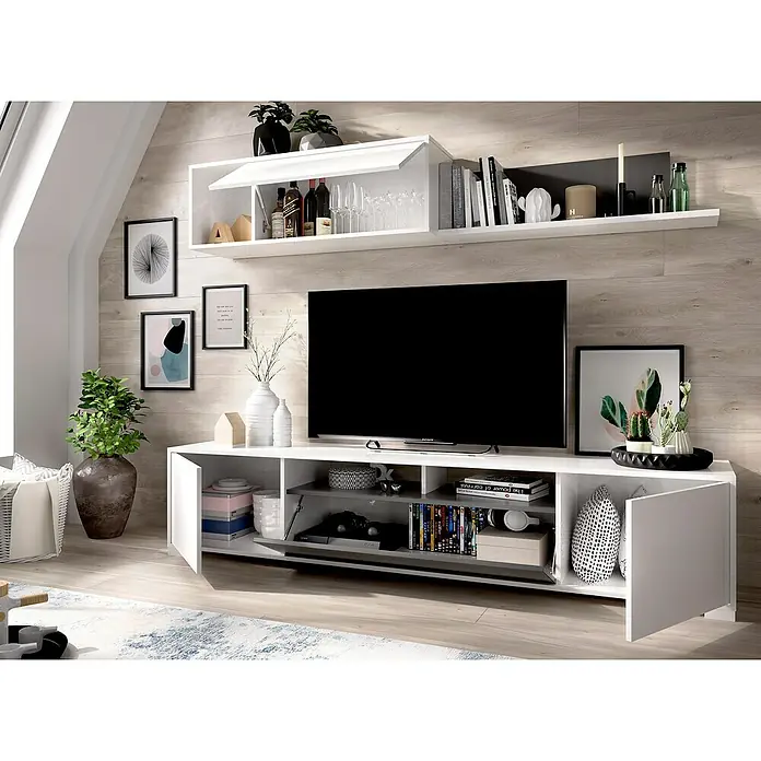 Dekit Conjunto mueble de salón Ken - Blanco brillo/Grafito, 3 pzs. - Conjunto de salón moderno con mueble de TV blanco, armario colgante y estante para un espacio elegante.
