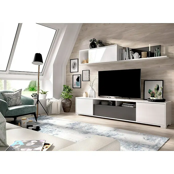 Dekit Conjunto mueble de salón Ken - Blanco brillo/Grafito, 3 pzs. - Interior de salón con un moderno mueble de TV blanco y gris que ofrece almacenamiento y espacio de exhibición elegante.