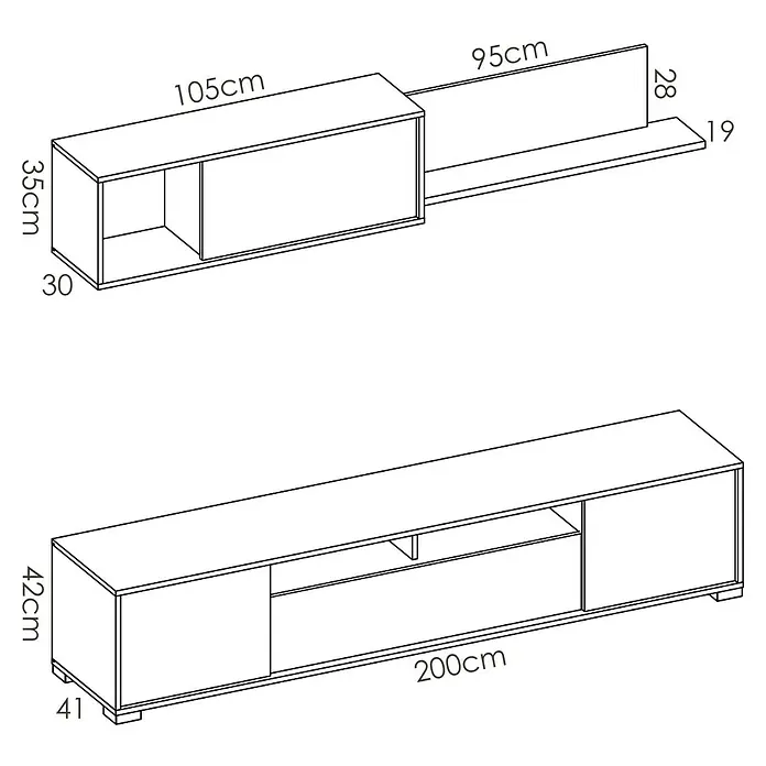 Dekit Conjunto mueble de salón Ken - Blanco brillo/Grafito, 3 pzs. - Diagrama de un mueble de pared de TV moderno con dimensiones. El diseño incluye un armario suspendido y un aparador bajo.