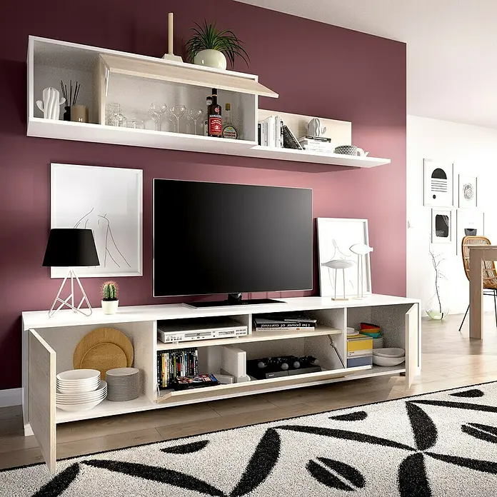 Dekit Conjunto mueble de salón Ken - Blanco brillo/Natural, 3 pzs. - Un salón moderno con un mueble de TV blanco, una gran televisión y estantes de pared, que ofrecen soluciones de almacenamiento elegantes.