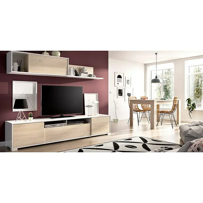 Dekit Conjunto mueble de salón Ken - Blanco brillo/Natural, 3 pzs. - Un salón luminoso con un mueble de TV moderno y una combinación de estanterías flotantes, complementado con una mesa de comedor y sillas.