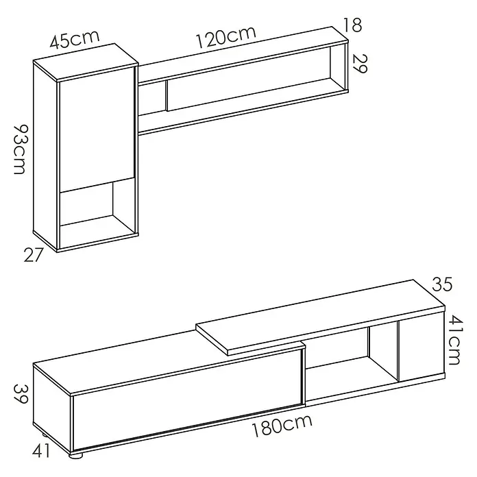 Dekit Conjunto mueble de salón Obi - Blanco brillo/Natural, 3 pzs. - Vista esquemática de un mueble de pared moderno con dimensiones detalladas para la planificación de muebles y diseño interior.