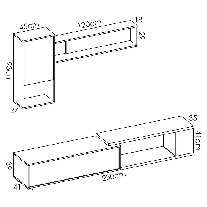 Dekit Conjunto mueble de salón Obi - Blanco brillo/Natural, 3 pzs. - Boceto de un mueble de pared moderno con dimensiones, compuesto por un elemento de armario, una estantería de pared y un mueble bajo de TV.