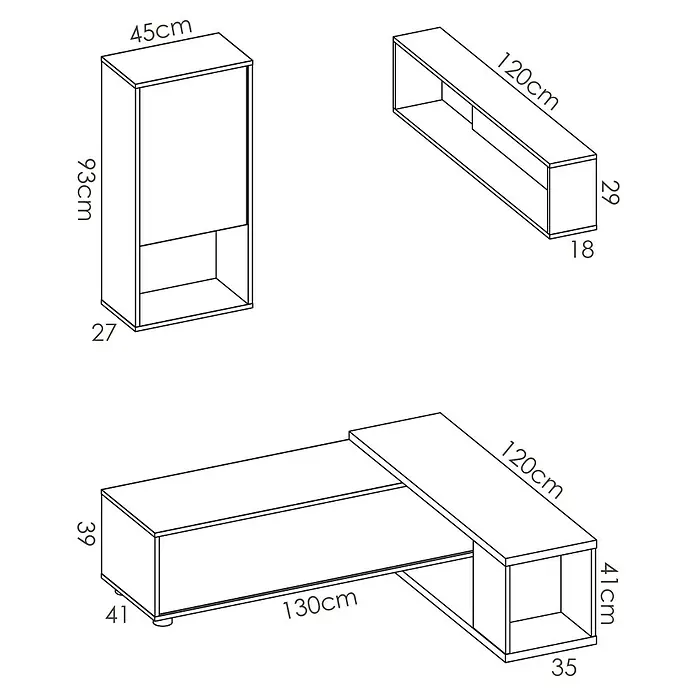 Dekit Conjunto mueble de salón Obi - Blanco brillo/Natural, 3 pzs. - Ilustración de un conjunto de muebles de salón con dimensiones. El conjunto incluye un mueble de pared, una estantería de pared y un mueble de TV.
