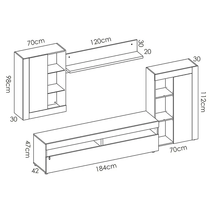 Dekit Conjunto mueble de salón Toki - Blanco/Cemento, Iluminación LED, 4 pzs. - Ilustración de un moderno mueble de pared blanco con varios compartimentos y estantes.