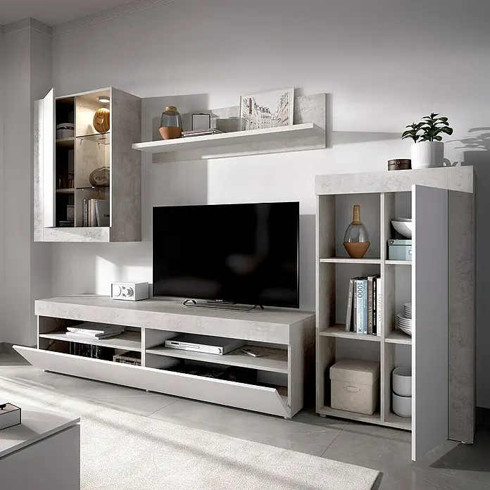 Dekit Conjunto mueble de salón Toki - Blanco/Cemento, Iluminación LED, 4 pzs. - Un moderno conjunto de sala de estar gris con mueble de TV, armario de pared y estanterías ofrece un elegante almacenamiento.