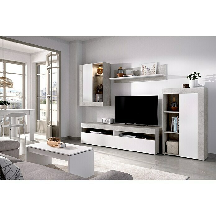 Conjunto mueble de salón Toki (Blanco/Cemento, Iluminación LED, 4 pzs.)