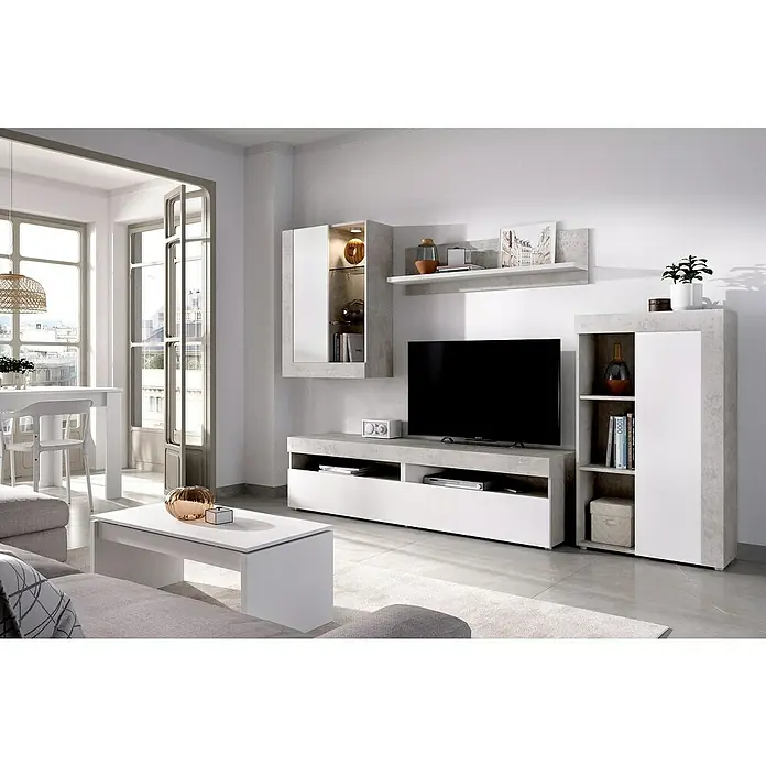 Dekit Conjunto mueble de salón Toki - Blanco/Cemento, Iluminación LED, 4 pzs. - Conjunto de salón moderno en blanco y gris con mueble de televisión, armario y mesa de centro para un ambiente elegante.