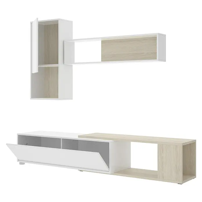 Dekit Conjunto mueble de salón Obi - Blanco brillo/Natural, 3 pzs. - Mueble de pared moderno en blanco y efecto madera con elementos de armario y mueble bajo para TV para un ambiente de salón elegante.