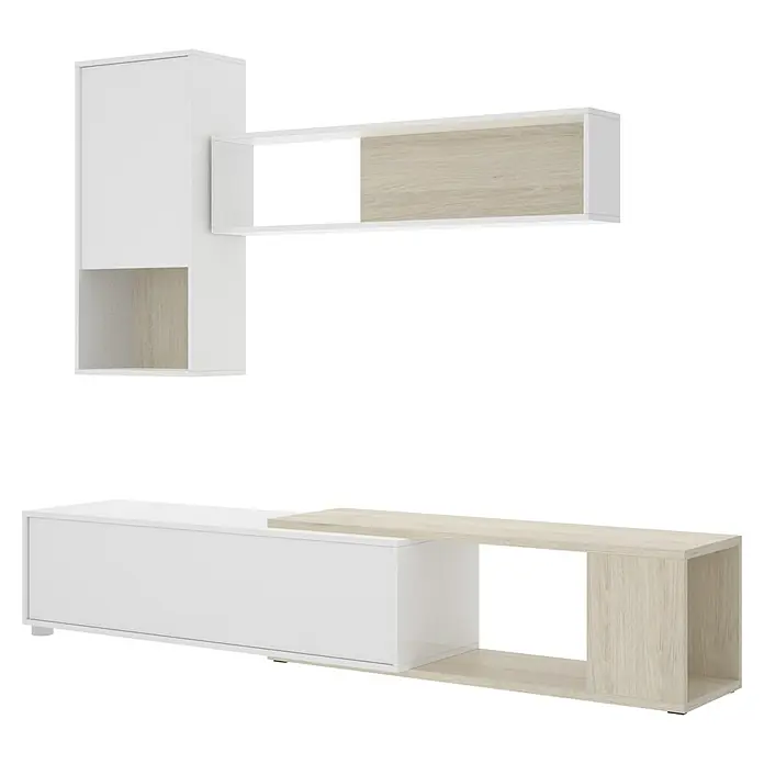 Dekit Conjunto mueble de salón Obi - Blanco brillo/Natural, 3 pzs. - Conjunto de muebles de TV para pared en blanco y efecto madera para un salón moderno. Solución de almacenamiento elegante y práctica.