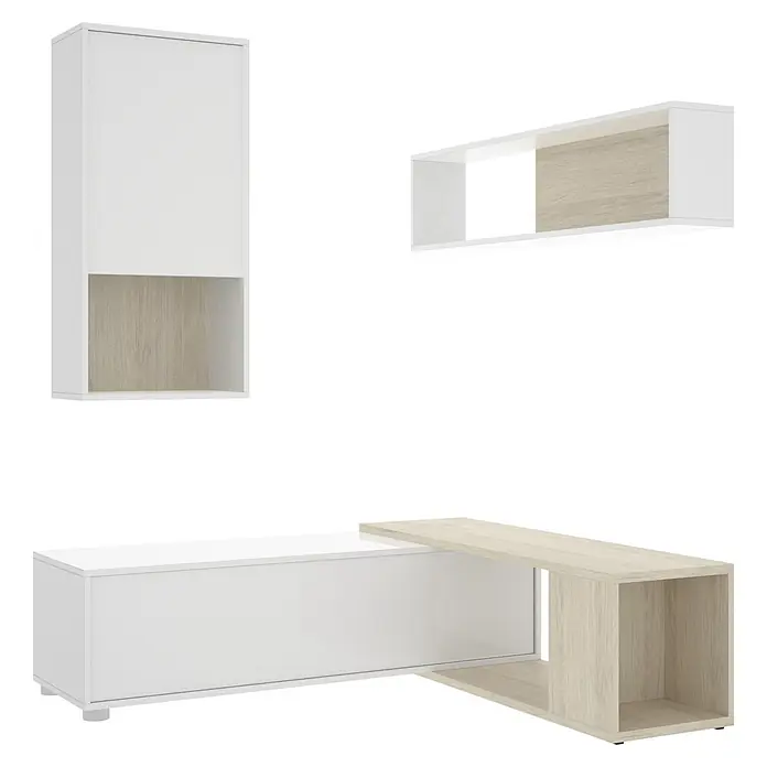 Dekit Conjunto mueble de salón Obi - Blanco brillo/Natural, 3 pzs. - Elegante mueble de pared moderno con elementos blancos y en tono de madera, ideal para un salón elegante.