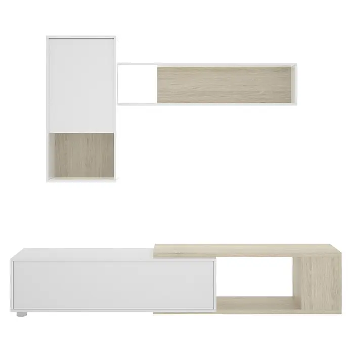 Dekit Conjunto mueble de salón Obi - Blanco brillo/Natural, 3 pzs. - Elegante combinación de muebles con elementos de madera blanca y clara, ideal para espacios modernos y para maximizar el espacio.