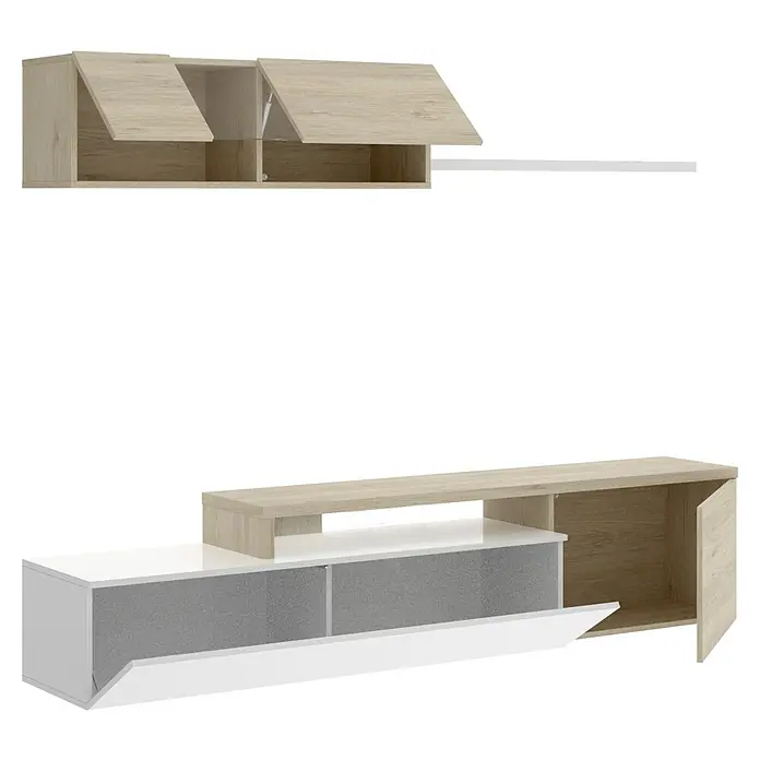 Dekit Conjunto mueble de salón Elle - Blanco brillo/Natural, 3 pzs. - La imagen muestra un mueble de pared moderno en blanco y aspecto de madera con puertas abatibles y mucho espacio de almacenamiento. Ideal para el salón.