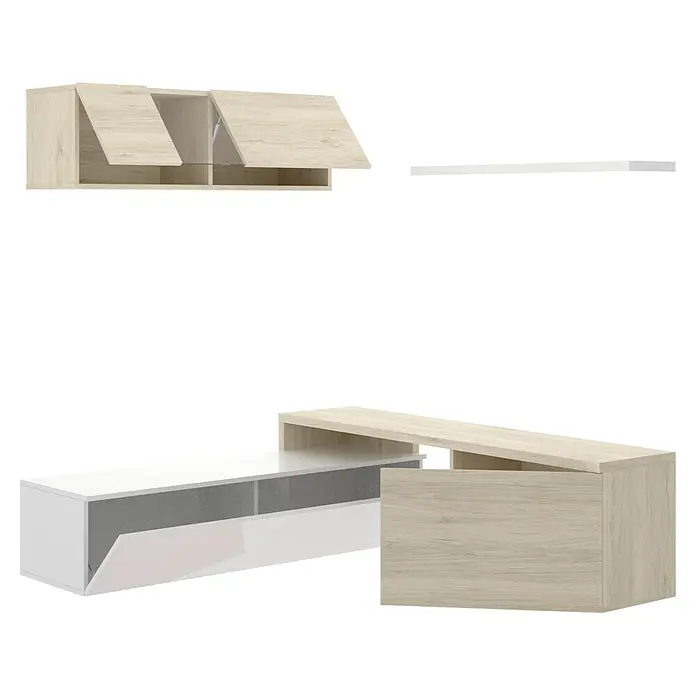 Dekit Conjunto mueble de salón Elle - Blanco brillo/Natural, 3 pzs. - Combinación de mueble de pared moderno para sala de estar en blanco y aspecto de madera. El conjunto de muebles de TV consta de elementos colgantes, estanterías y armario bajo.