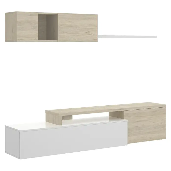 Dekit Conjunto mueble de salón Elle - Blanco brillo/Natural, 3 pzs. - Mueble bajo moderno con armario de pared en tonos madera y blanco. Elegante conjunto de muebles para el salón con mucho espacio.