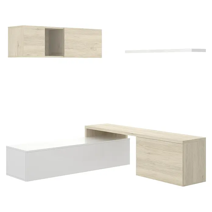 Dekit Conjunto mueble de salón Elle - Blanco brillo/Natural, 3 pzs. - Combinación de pared de salón moderna en blanco y efecto madera que incluye un mueble de TV, un armario de pared y una estantería. Mobiliario elegante y funcional.