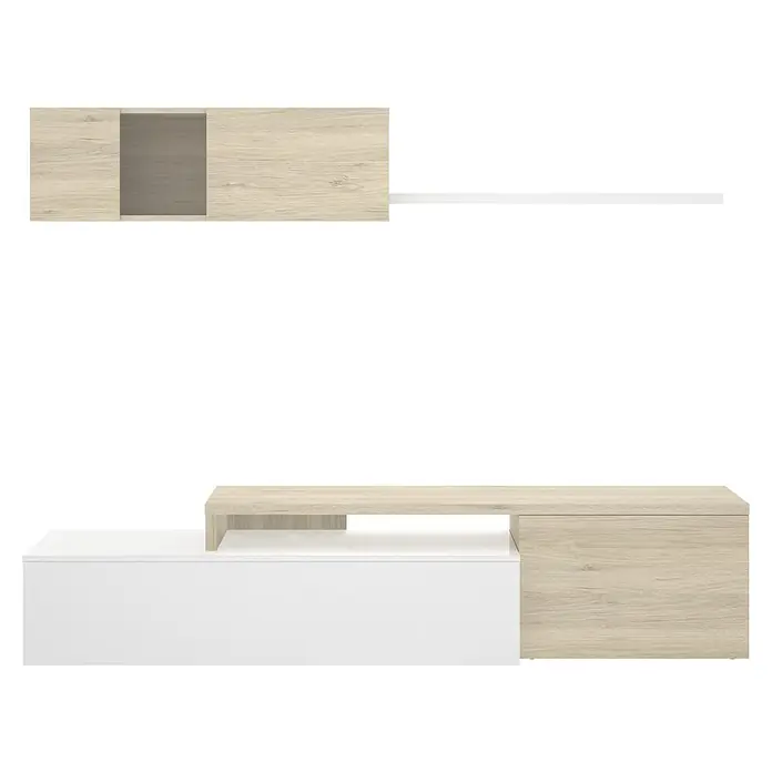 Dekit Conjunto mueble de salón Elle - Blanco brillo/Natural, 3 pzs. - Combinación moderna de mueble de TV en blanco y aspecto de madera. El mueble impresiona por su diseño minimalista y ofrece espacio.