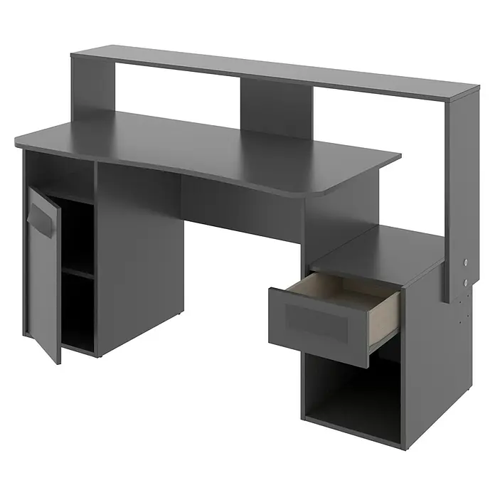 Dekit Mesa de escritorio Fosk - L x An x Al: 69 x 154 x 98 cm, Grafito - Imagen de un escritorio de ordenador gris con cajones, compartimentos de almacenamiento y una estantería abierta. Mucho espacio para el área de trabajo.