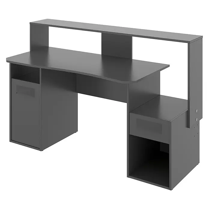 Dekit Mesa de escritorio Fosk - L x An x Al: 69 x 154 x 98 cm, Grafito - Imagen de un escritorio de ordenador gris con compartimentos de almacenamiento.
