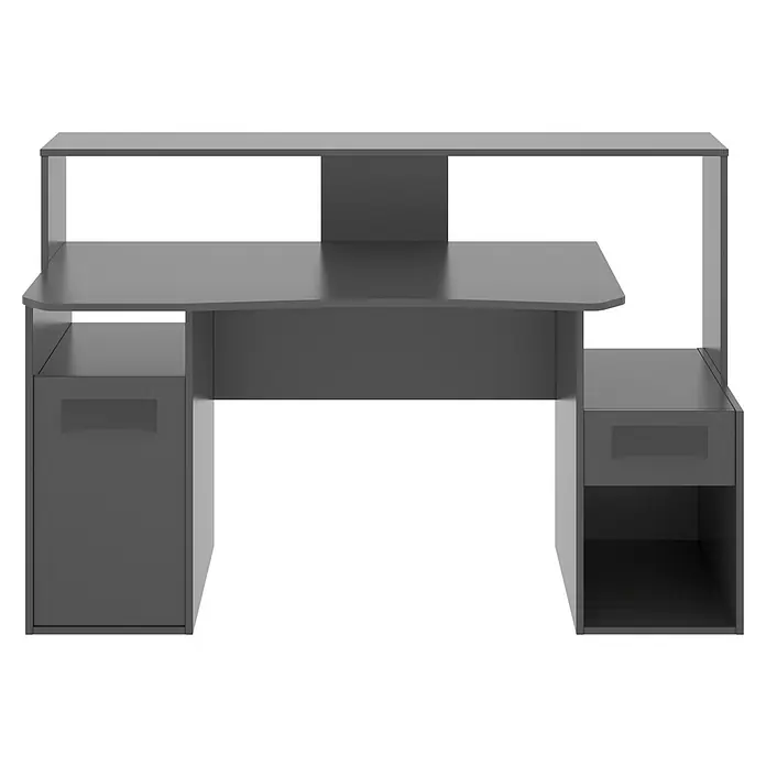 Dekit Mesa de escritorio Fosk - L x An x Al: 69 x 154 x 98 cm, Grafito - Imagen de un escritorio para ordenador con un elevador para mayor almacenamiento y cajones a ambos lados.