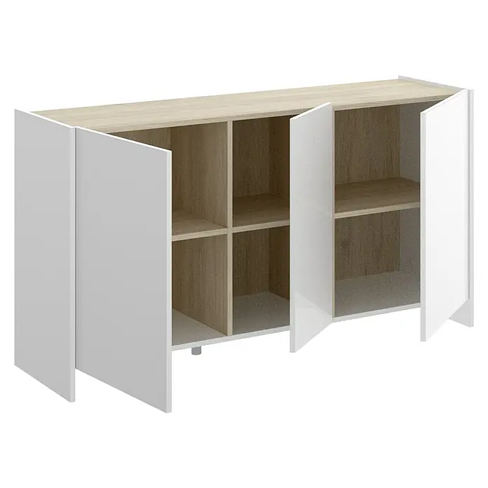 Dekit Aparador Kloe - L x An x Al: 42 x 138 x 76 cm, Blanco/Natural, Número de puertas: 3 ud. - Aparador moderno con cuerpo blanco y elementos de madera en el interior, ideal para soluciones de almacenamiento con estilo.