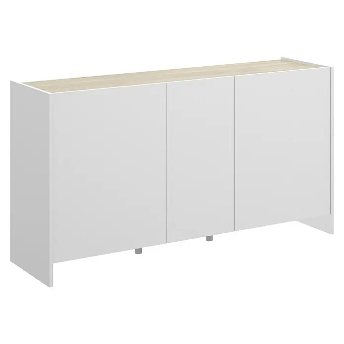 Dekit Aparador Kloe - L x An x Al: 42 x 138 x 76 cm, Blanco/Natural, Número de puertas: 3 ud. - Esta imagen muestra un aparador blanco con tres puertas y una tapa de madera clara, ideal para cualquier salón o comedor, práctico y elegante.