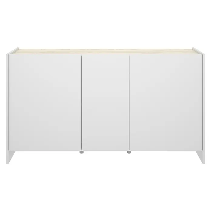 Dekit Aparador Kloe - L x An x Al: 42 x 138 x 76 cm, Blanco/Natural, Número de puertas: 3 ud. - Elegante aparador con tres puertas en blanco y tono de madera clara para soluciones de almacenamiento con estilo en el salón.